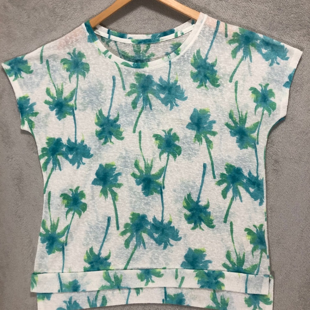 Palm Tree Print Top Short Sleeve Casual Summer White Green‎ Size L